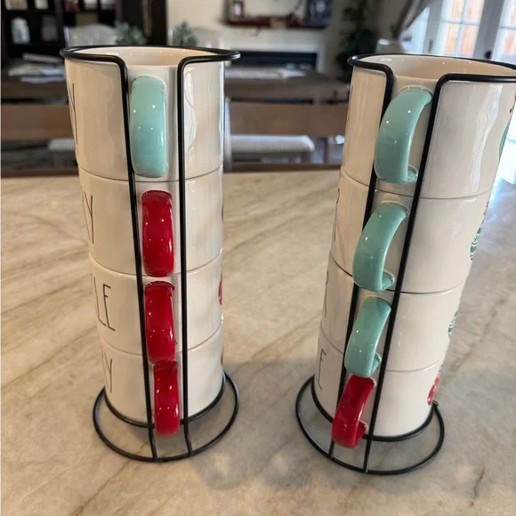 Rae Dunn MERRY, CHEER, SPARKLE, JOY Christmas Stacker Mugs (double sided), two